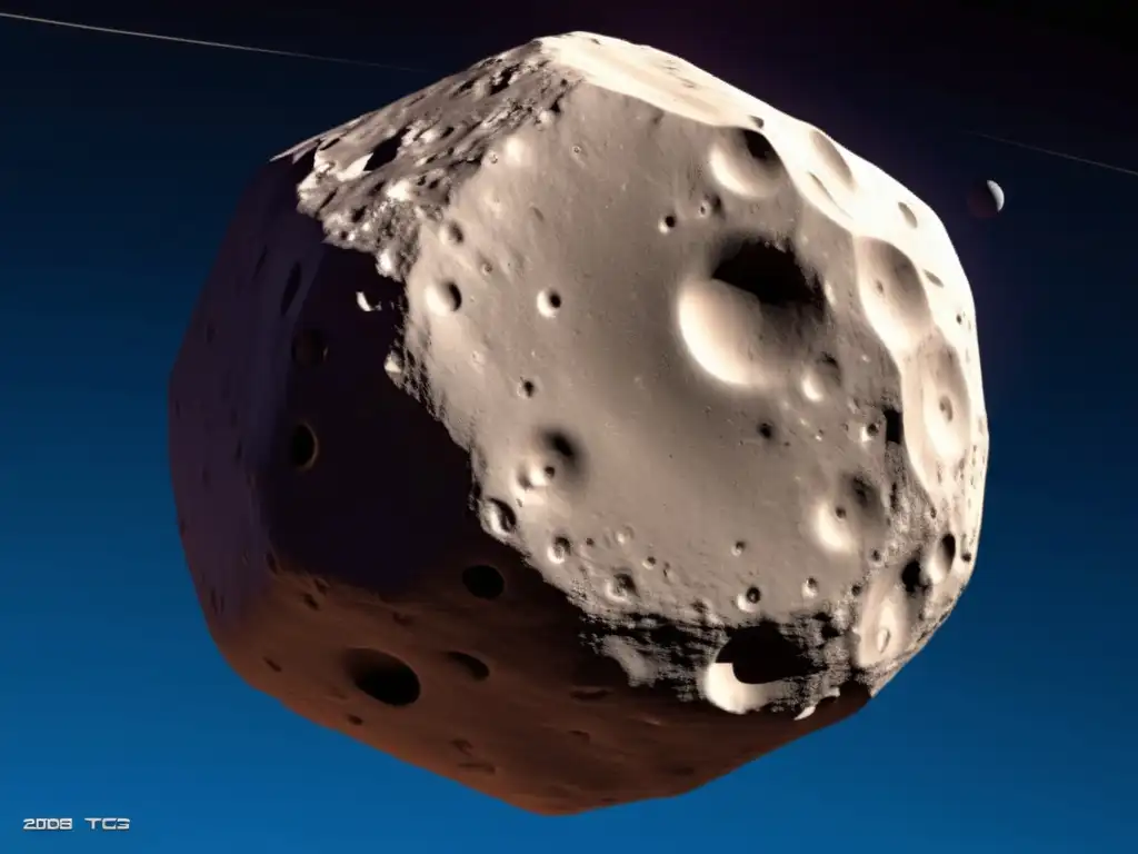 An in-depth look at the 2008 TC3 asteroid: size, composition, and distinctive features in a stunning photorealistic depiction