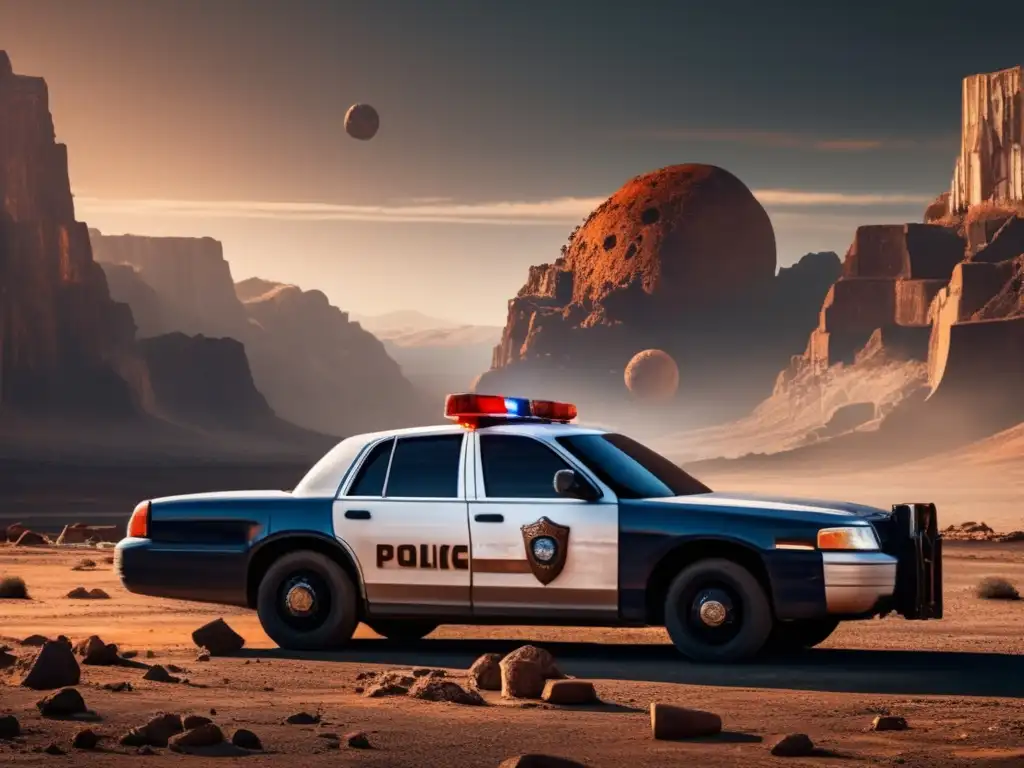 An abandoned, tarnished police car rests amidst a desolate cityscape