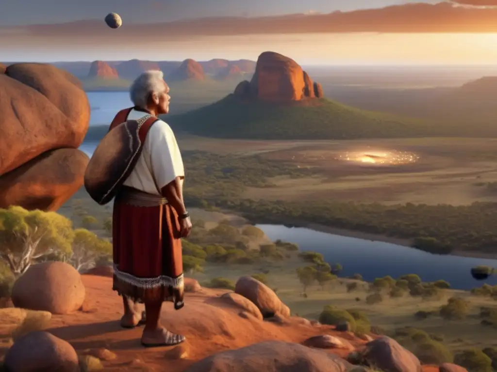 An ancient Aboriginal elder stands tall on a rocky cliff, surveying the sprawling Australian landscape below