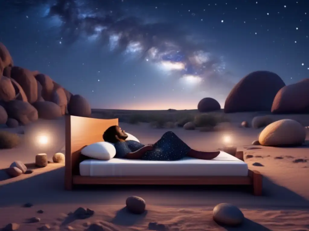 In a photorealistic depiction of a starry night sky, the foreground captures an Aboriginal man peacefully sleeping in a traditional bed