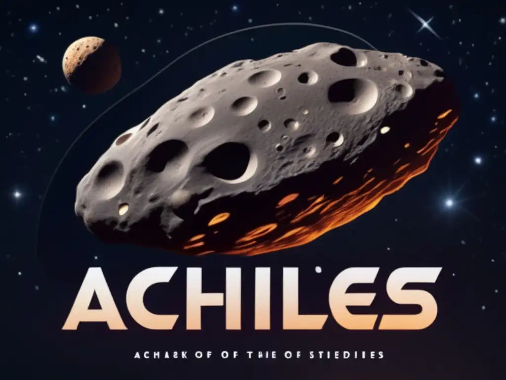 Dash: A photorealistic image of glowing asteroid Achilles in the dark sky with intricate lettering of its name