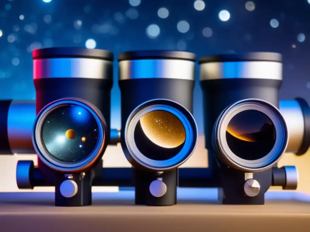 A stunning astronomical close-up that captures the intricate details of three different eyepieces, each with unique adjustable focus mechanisms