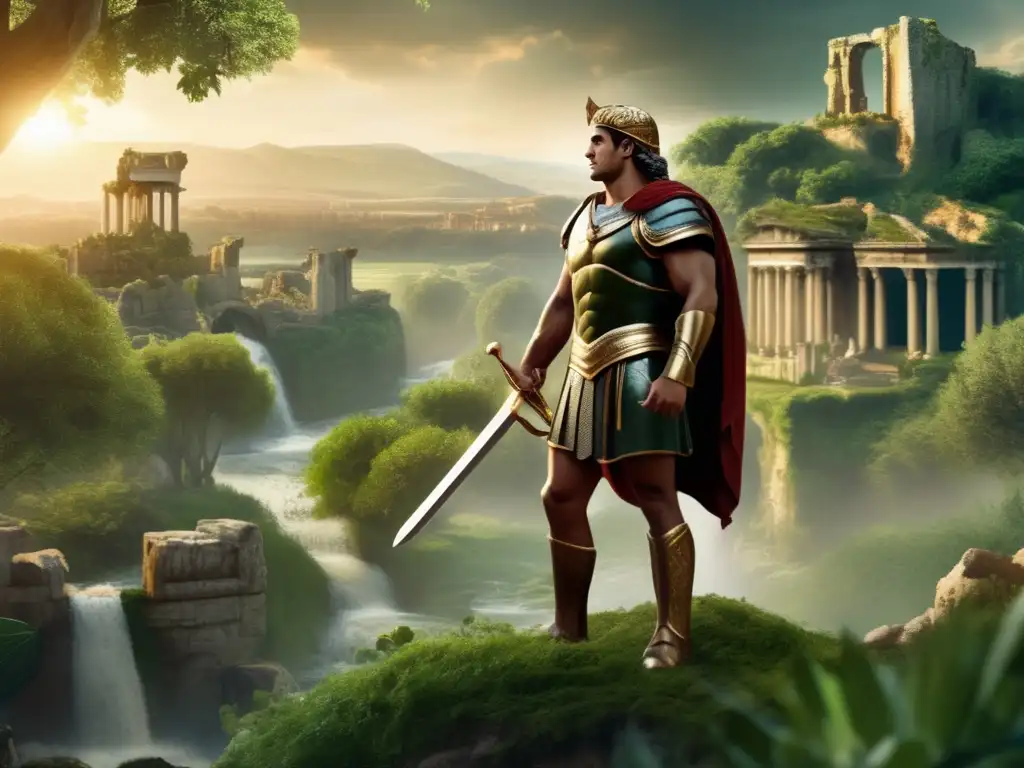 Aeneas, the noble Trojan hero, stands resolute and ready, his sword held high, against the backdrop of a verdant forest and a flowing stream