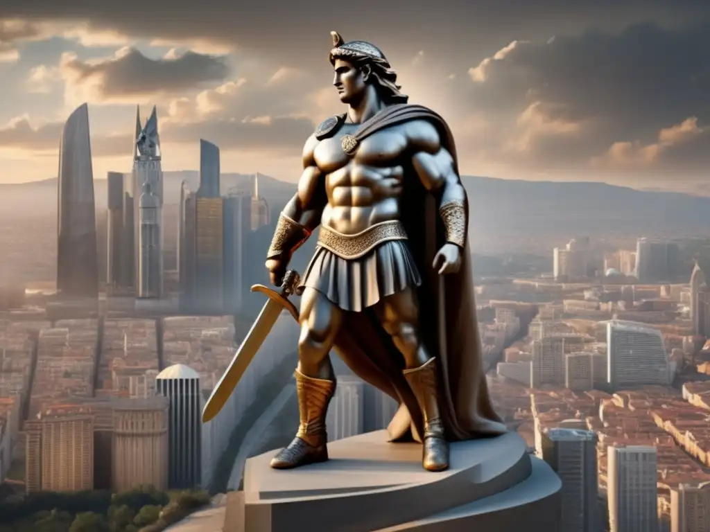 Aeneas, the mighty Trojan hero, stands tall and proud with his sword held high against the backdrop of a detailed cityscape in a realistic sculpture