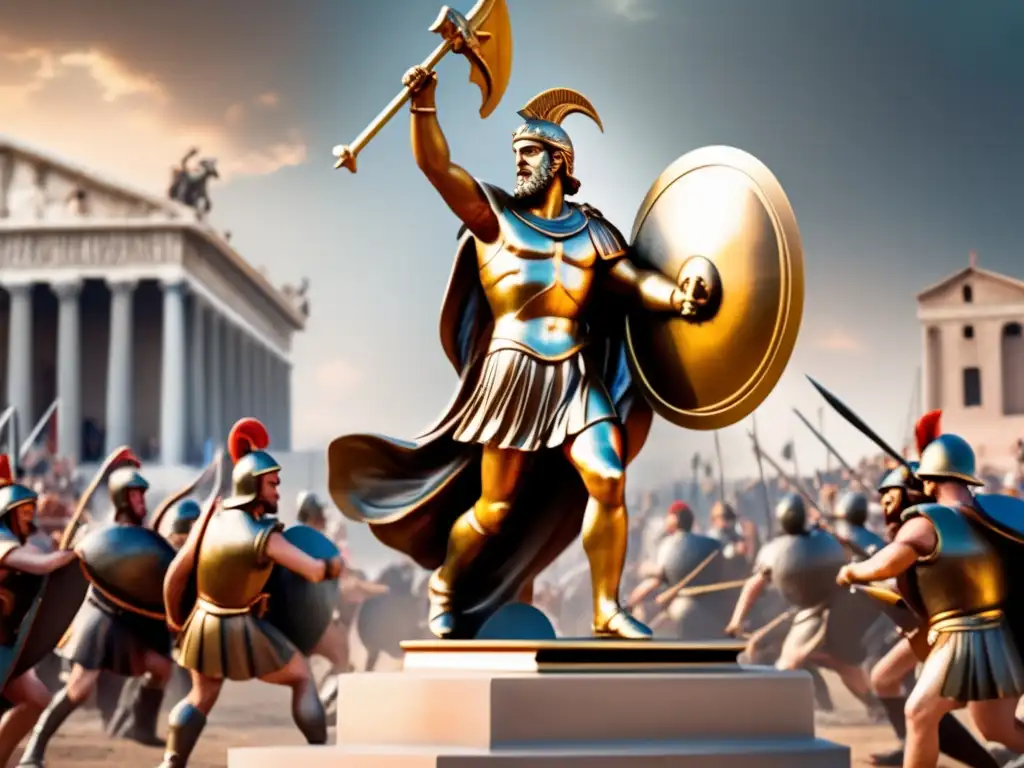 Aeneas, the Trojan hero, stands tall and fierce in the midst of a raging battle