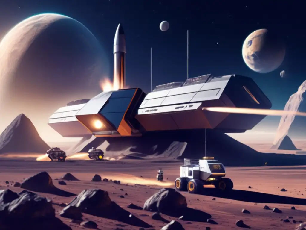 A stunning, photorealistic depiction of a futuristic asteroid mining station orbiting Earth