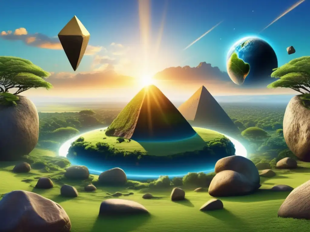 Celestial Stones in African Mythology: Asteroids and Ancestors - A photorealistic depiction of an ancient African landscape, with lush green earth and clear blue sky