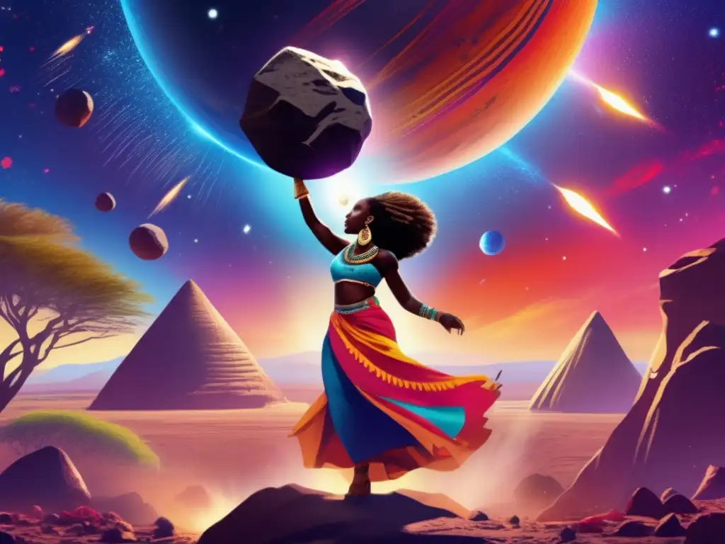 An African tribal woman in vibrant traditional clothing, communicating with a fiery asteroid in the background