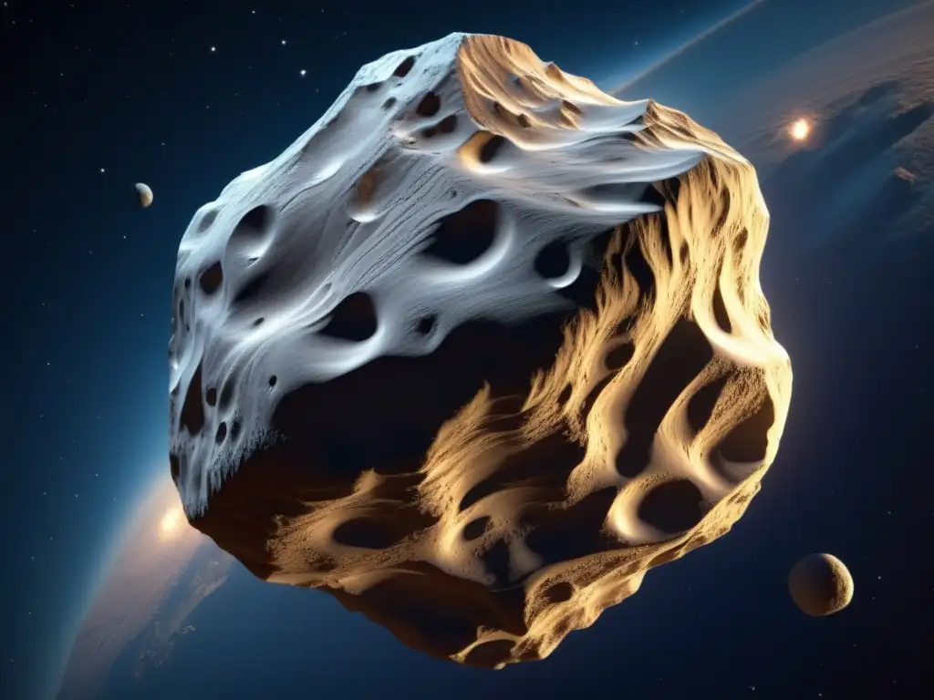 A photorealistic image of Albion, an intricately carved asteroid named after the first naming convention in the history of asteroid discovery