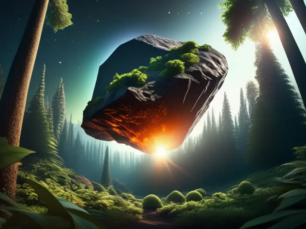 A photorealistic exploration of an alien asteroid surrounded by a vibrant forest of unknown flora