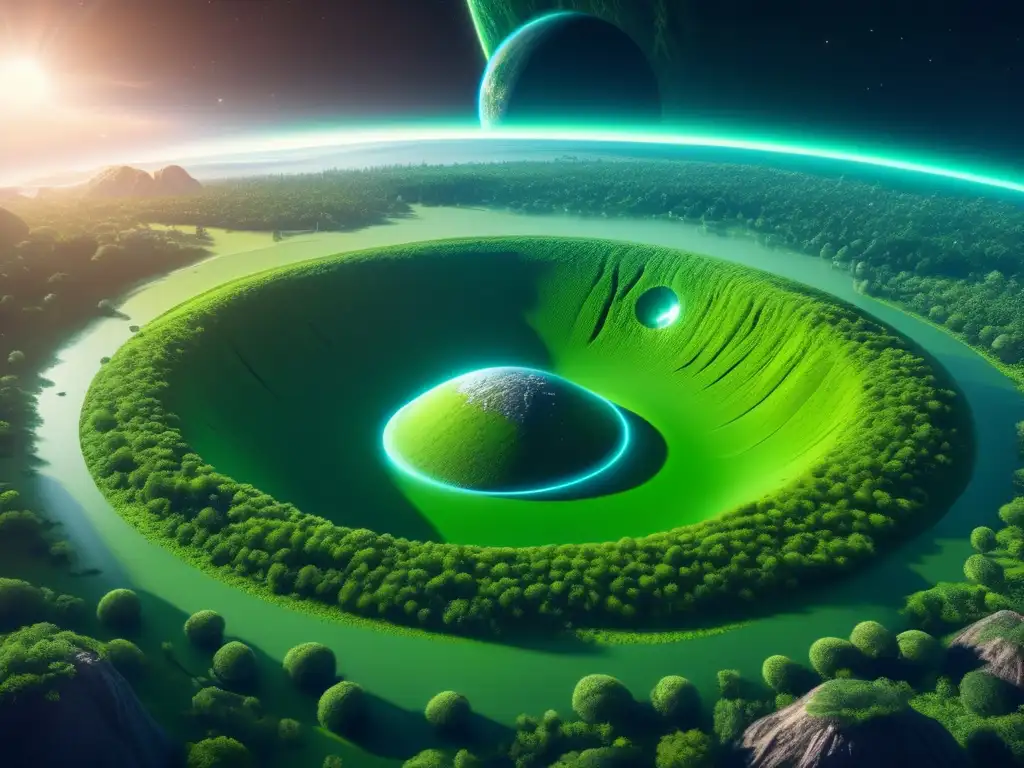 Humans and green aliens coexist peacefully on a photorealistic, Earth-like planet, with a large asteroid pit in its center