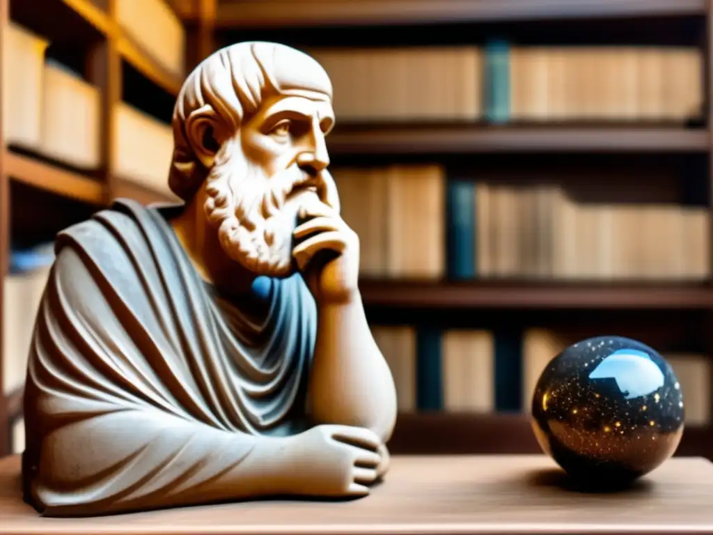 Anaxagoras, ancient Greek philosopher and meteorite discoverer, contemplating the mysteries of the universe from his cluttered study