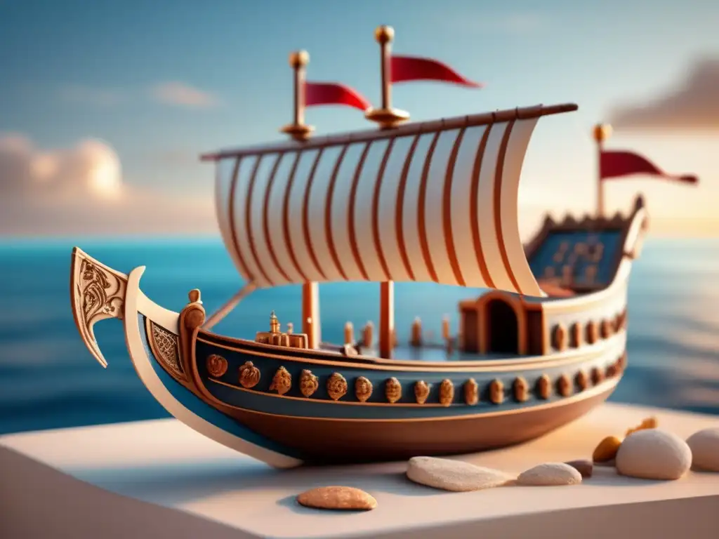 A stunning Roman ship model, complete with intricate carvings and vibrant Roman Empire colors, stands tall against a peaceful blue sky