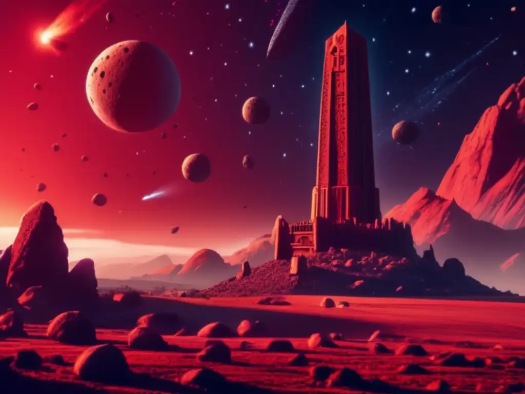 A breathtaking photorealistic image of a towering, ancient brick tower standing tall amidst a field of glowing asteroid rocks