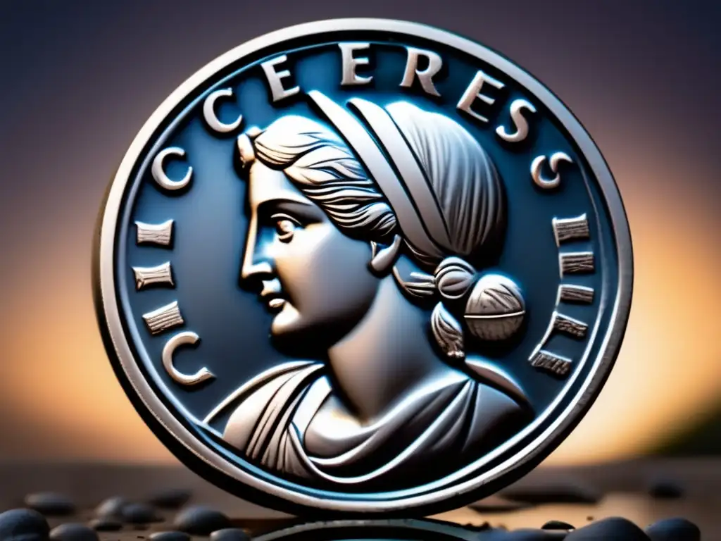 A captivating closeup of a Roman silver coin featuring Ceres, the goddess of agriculture, and the asterisk symbol below