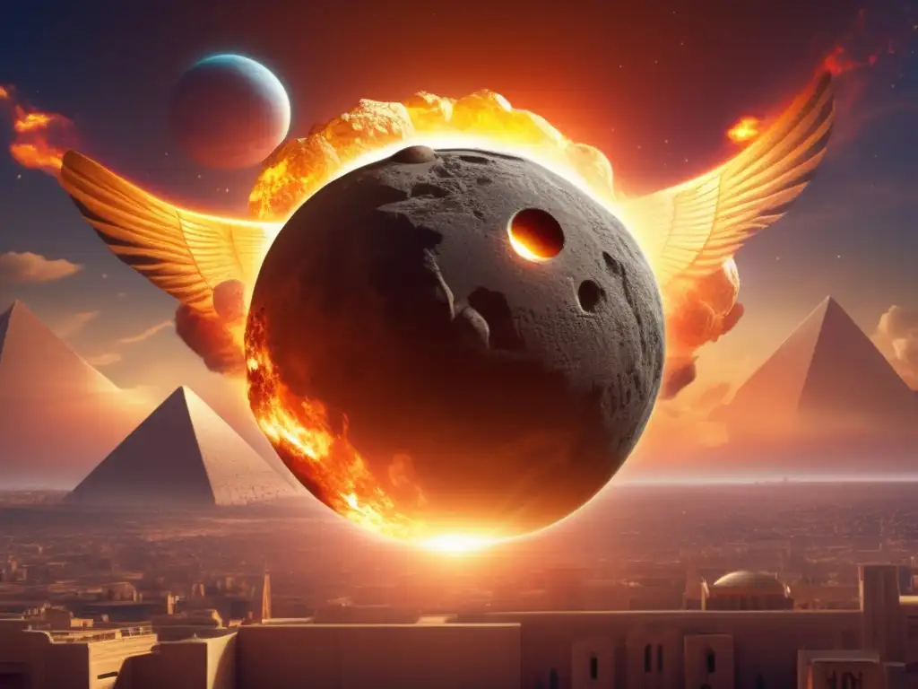 Dash: A brilliant, fiery ball adorned with hieroglyphic symbols - the ancient Egyptian mythological asteroid in the sky above a bustling city