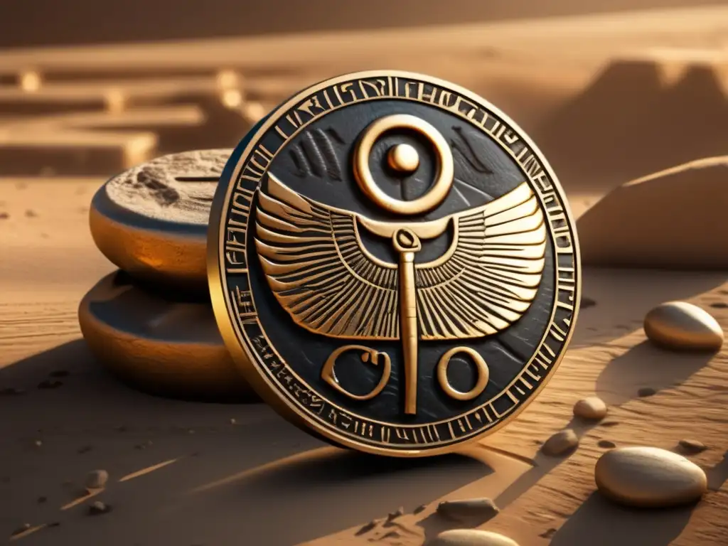 A photorealistic depiction of an ancient Egyptian coin with an asteroid symbol etched on its surface