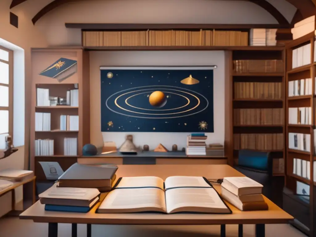 An ancient Egyptian-inspired sterile classroom or lab, brimming with books and docs on mythology and astronomy