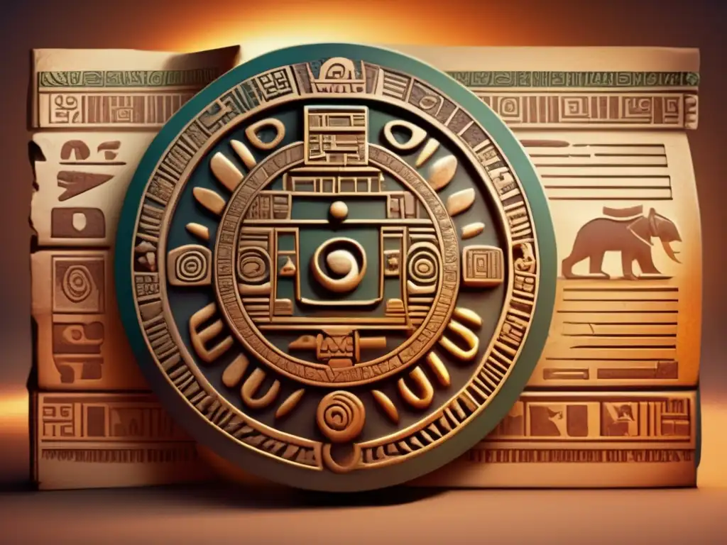 A captivating depiction of an ancient Mayan codex, adorned with hieroglyphic markings and an asteroid symbol in the center