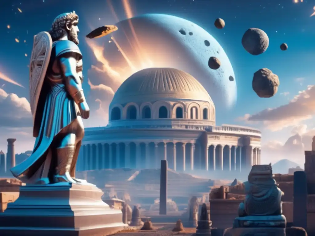 The Roman god's statue stands tall amidst intricate carvings, as a metallic asteroid hovers over the ancient city