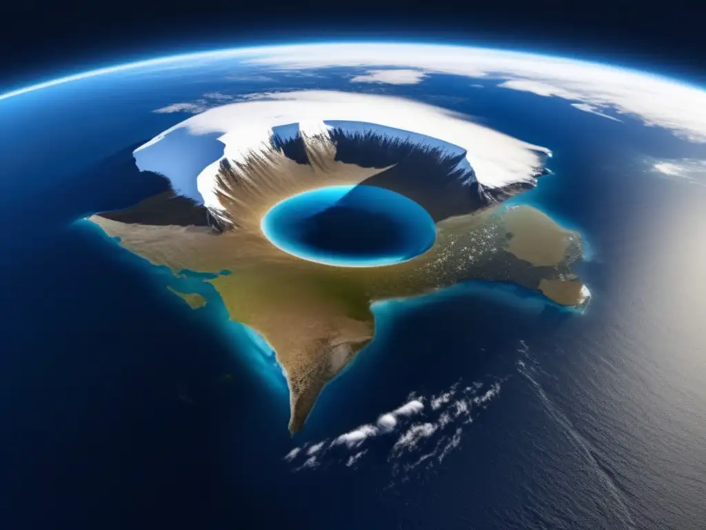 A breathtaking high-resolution satellite image shows Earth's Antarctic continent with a halo surrounding it, contrasting against the dark blue ocean