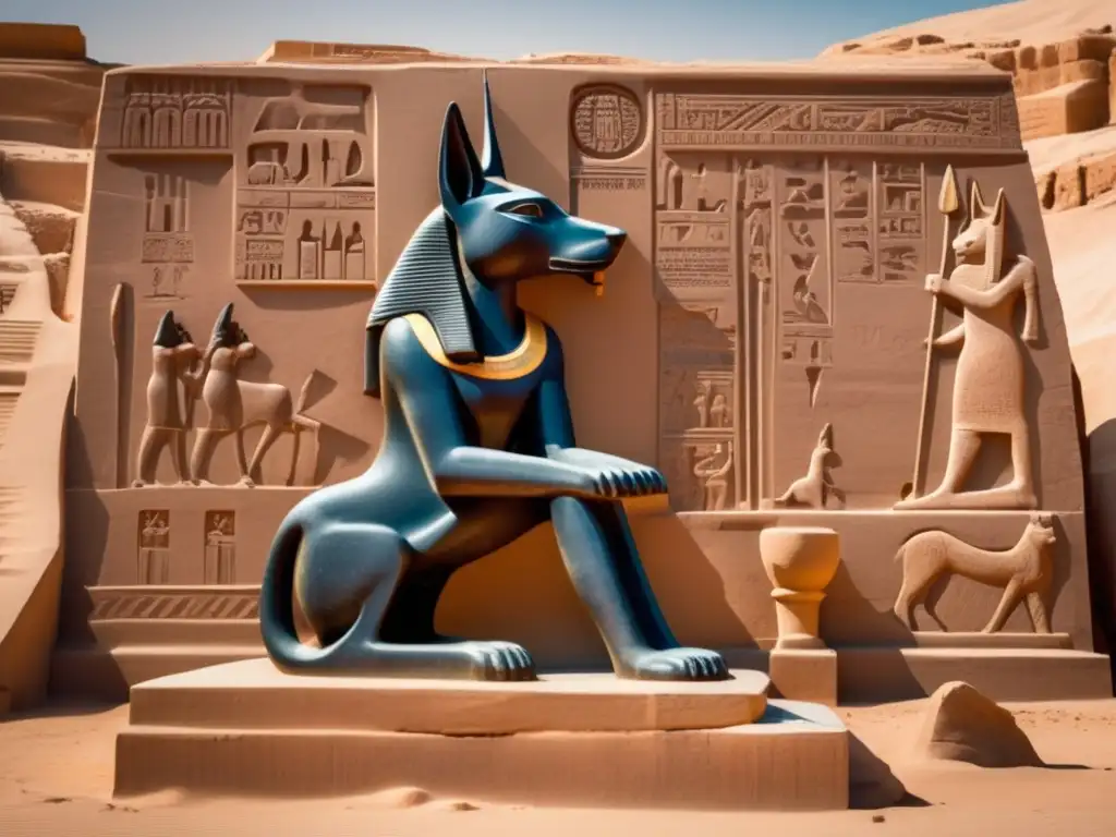 Intricate hieroglyphics depict a comet striking an ancient Anubis statue, causing chaos and destruction in the surrounding landscape