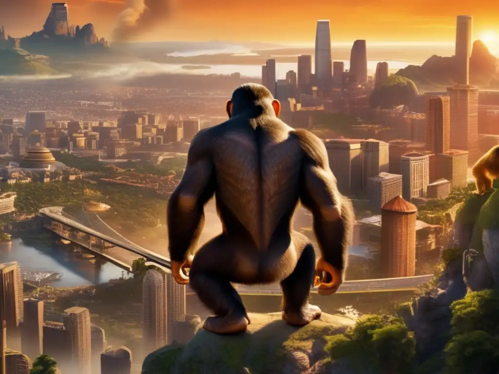 A stunning photorealistic depiction of the ape city from Planet of the Apes, looming majestically over Earth's landscape