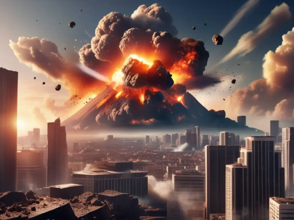 A photorealistic depiction of the asteroid impact, causing a massive explosion in the sky and raining debris on the surrounding cityscape