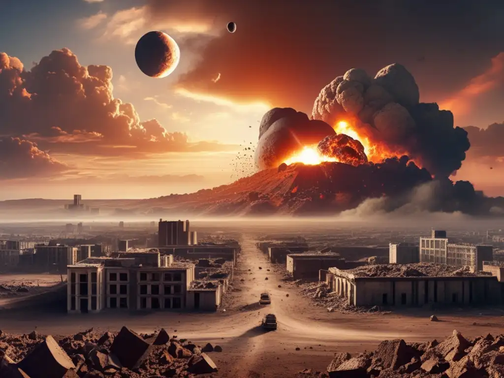 A postapocalyptic cityscape lies in ruins, with visible asteroid impact craters and rubble, and a massive asteroid eclipsing the sun