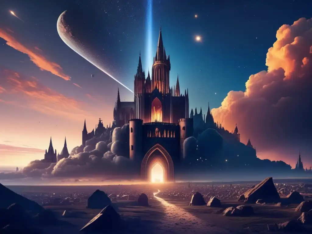 Amidst the darkness of an endless sky, asteroids dance and shine, while a gothic cathedral silhouette stands tall but faltering on the horizon