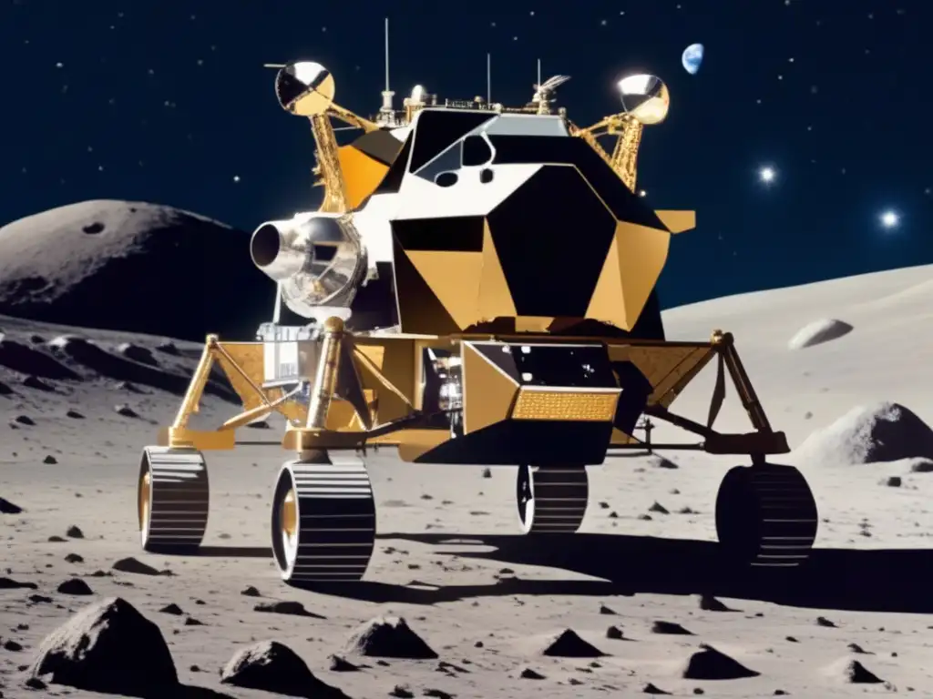 The Apollo Lunar Module 'Eagle' hovers over the surface of asteroid Hektor, extending its lunar flag in a realistic depiction of space exploration