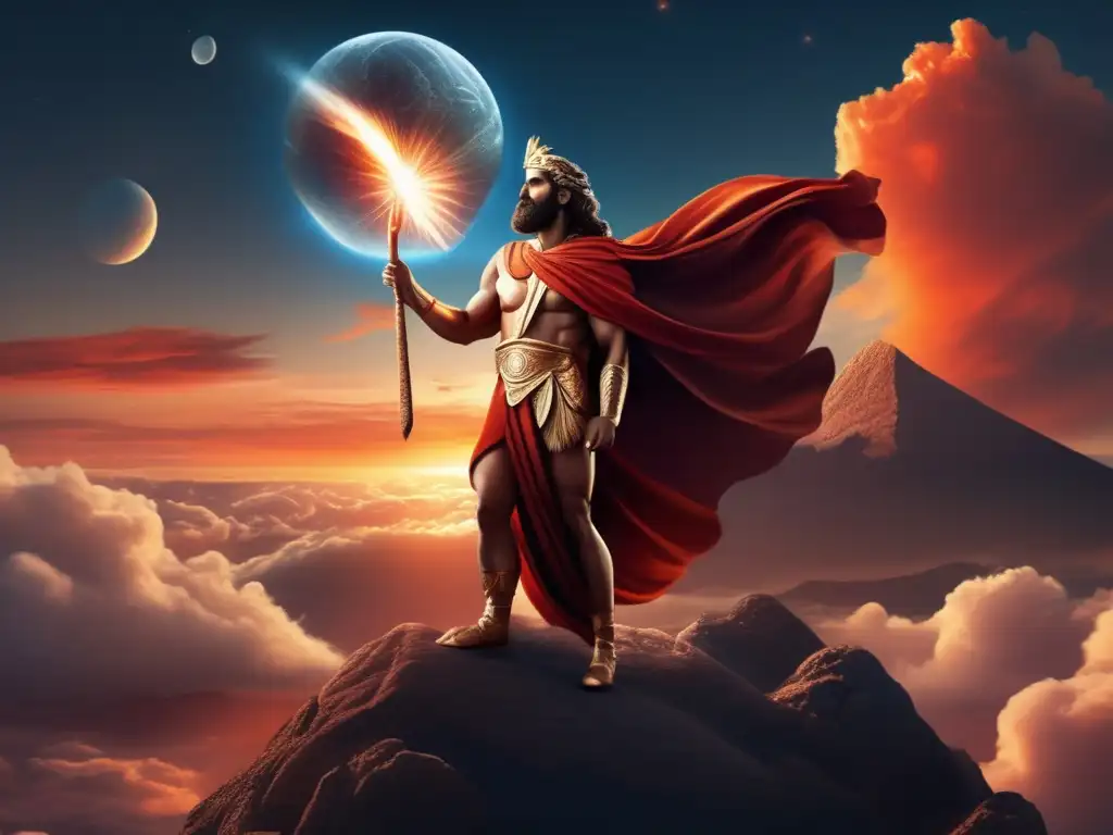 A celestial being holds a wand shaped like an asteroid, standing amidst a bright celestial landscape of clouds and a reddish sunrise