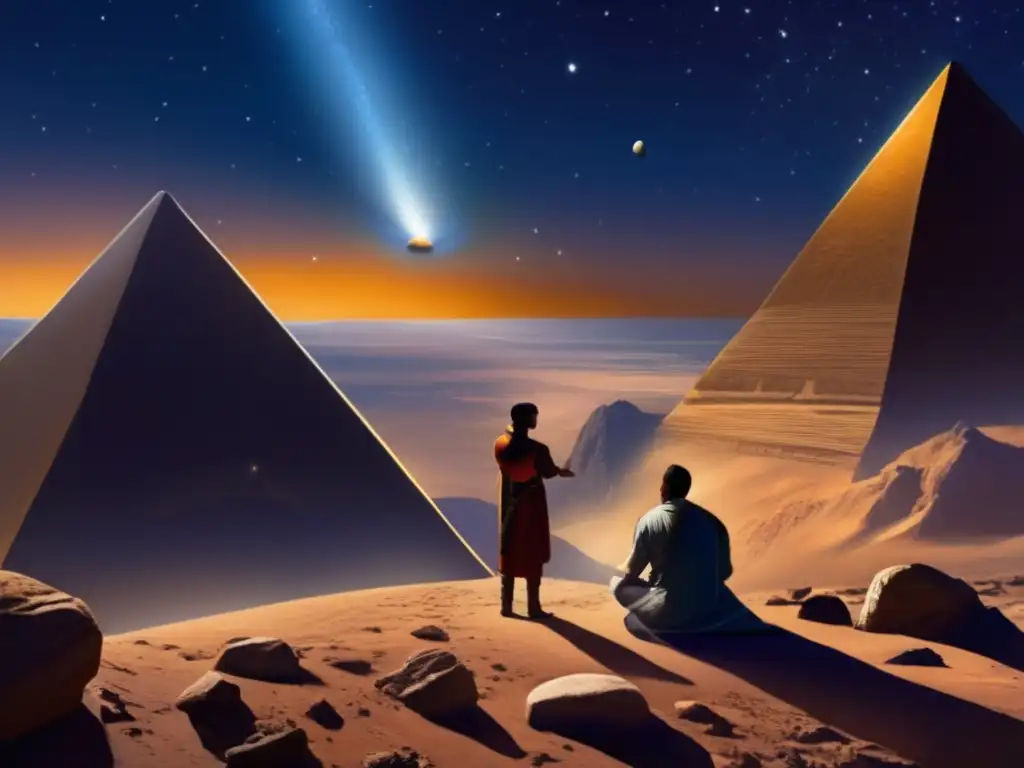 Dash-ALT text: 'Gazing at the heavens, two figures stand in awe as a telescope tracks the spacecraft orbiting around Apophis