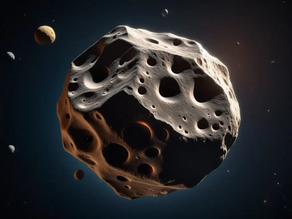 An breathtaking photorealistic depiction of the asteroid Ascanius in orbit, showcasing its jagged surface and craters from 8 zero gravity units away