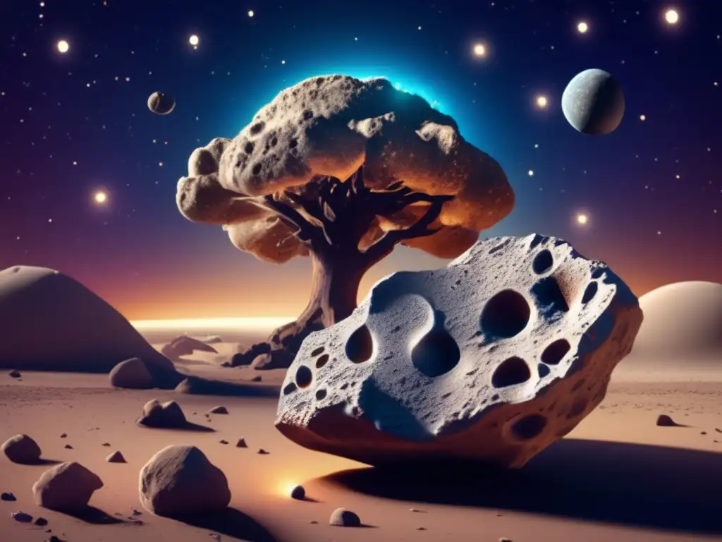 A photorealistic 3D model of an asteroid with intricate surface textures and minerals, set against the backdrop of vibrant galaxies and nebulas