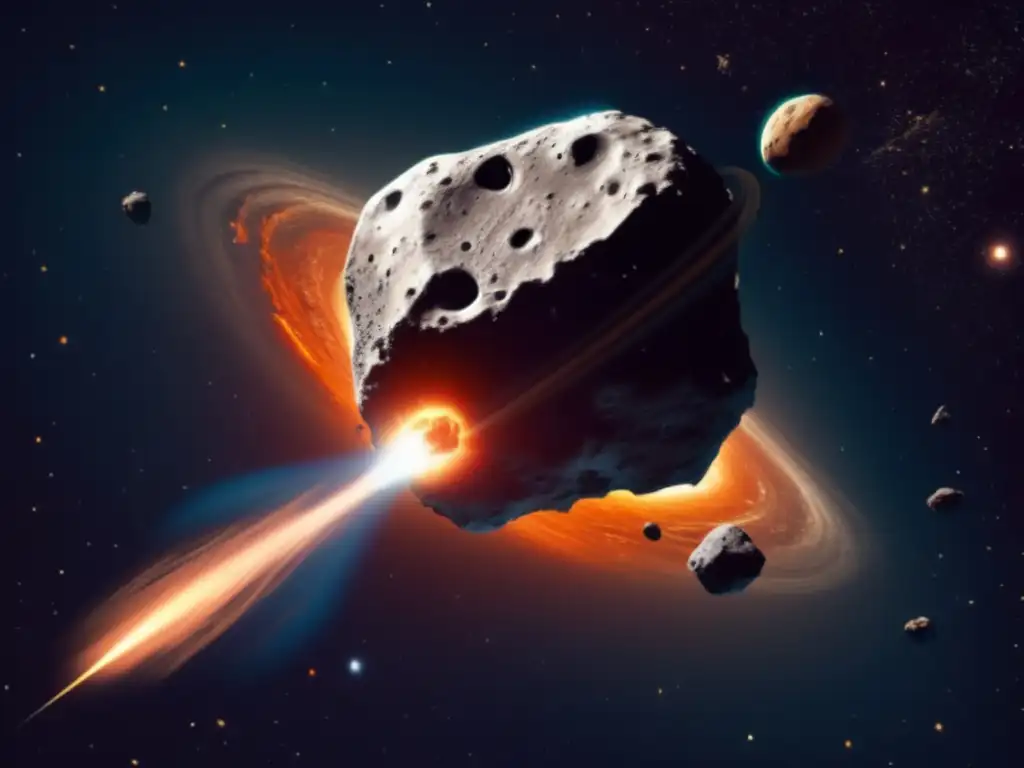 A photorealistic depiction of a defined asteroid, 'Albert', floating in space, with debris trailing behind and a reddish-brown color