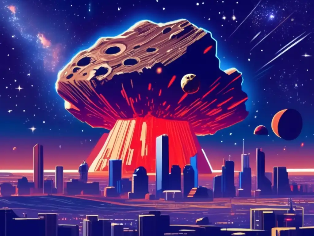 A large, reddish asteroid hurtles towards Earth, unseen by its bustling foreground city