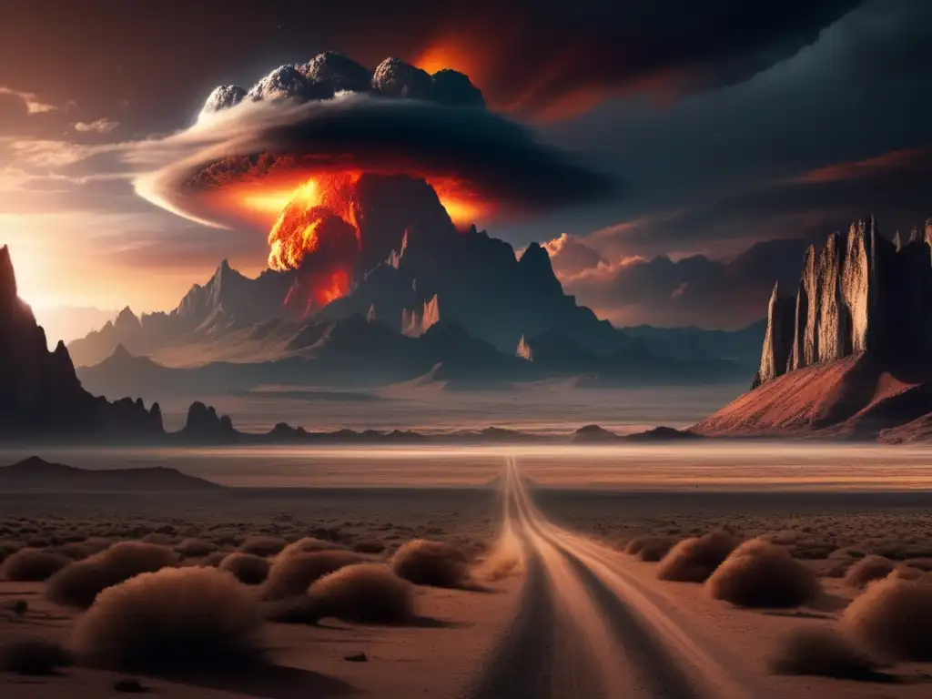 A photorealistic depiction of a desolate landscape with towering cliffs, jagged mountain peaks, and a fiery asteroid hurtling towards the planet