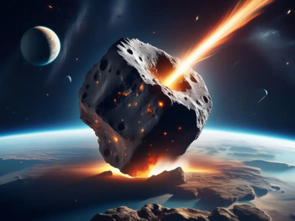 A highly detailed and photorealistic image of a large asteroid moving through Earth's atmosphere, with textures and details that convey its rough, rocky surface
