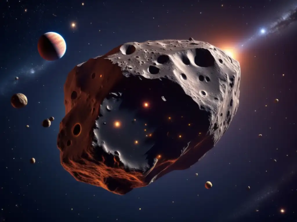 A breathtaking photorealistic depiction of an asteroid resembling Bamberga, suspended in the cosmos amidst a backdrop of planets, galaxies, and stars