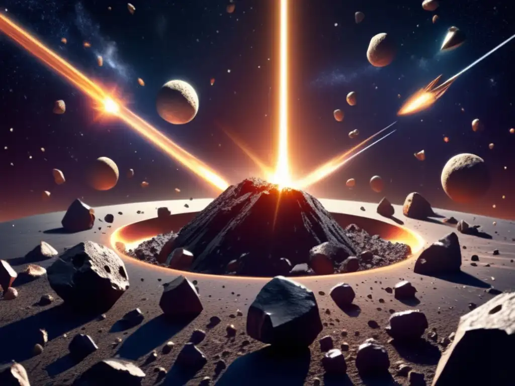 A photorealistic depiction of the asteroid belt, with jagged asteroids piercing through the void