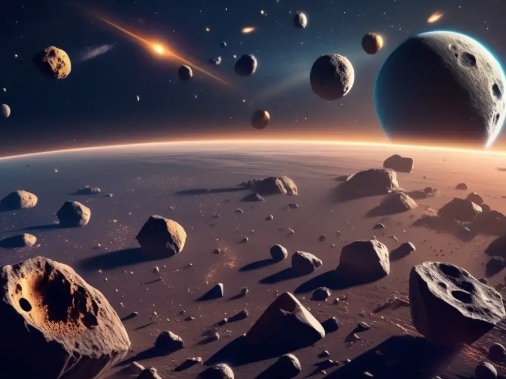 A stunning 8k photorealistic image of an asteroid belt in space, with multiple dancing asteroids of various shapes and sizes blocking out the stars, creating a breathtaking visual impact