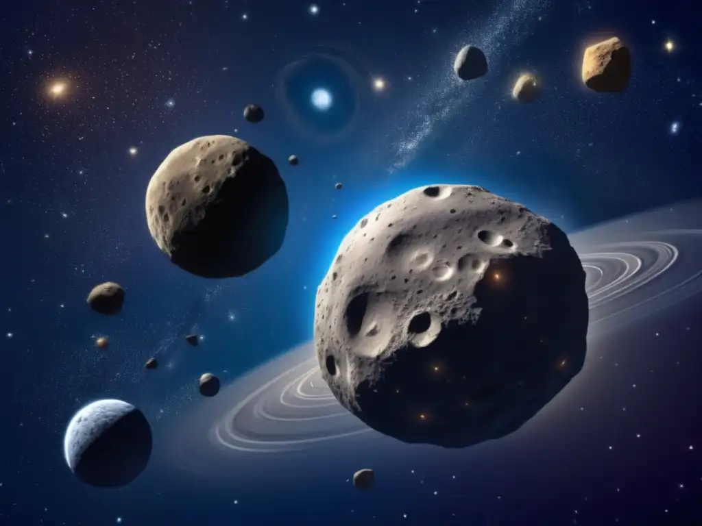 Photorealistic depiction of an asteroid belt with closeup views of asteroids, ranging in size and shape, with craters and grooves formed by collisions