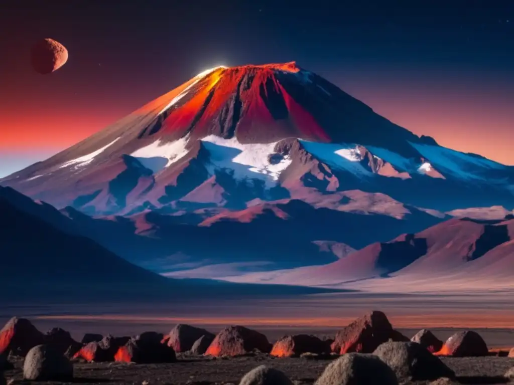 A mesmerizing photo of an Andean mountain range with a vibrant red asteroid hanging in the sky, casting a warm orange glow onto the landscape below