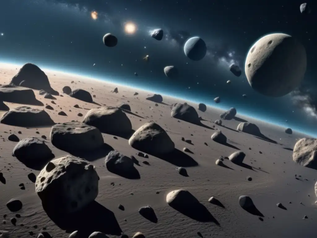 A photorealistic depiction of an asteroid belt, brimming with irregular, jagged asteroids in close proximity