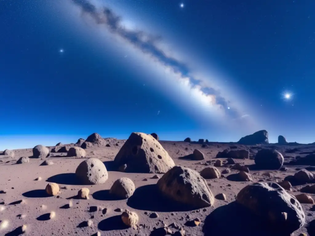 An ethereal cosmic landscape of a dense asteroid belt against a clear blue sky, with neighboring stars shining faintly in the background