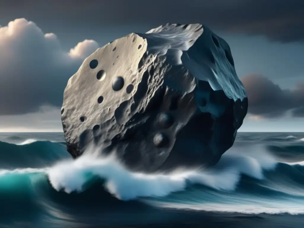 A stunning, photorealistic image of an asteroid floating in the ocean, with its jagged surface and contrasting colors at the forefront