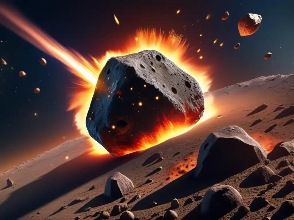 Exquisite photorealistic depiction of asteroid Capys, with high-resolution textures detailing its surface composition and revealing its orbital and rotational movements