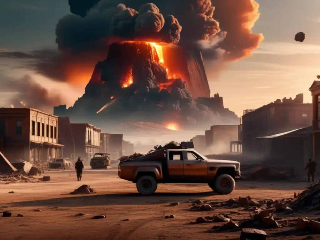 Underneath the ominous, massive asteroid's shadow, a ravaged landscape stands still: dilapidated buildings, cars wrecked, smoke rising; a post-apocalyptic wasteland oozing despair
