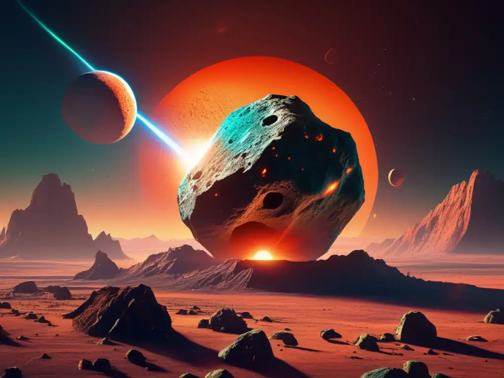 A photorealistic depiction of a large asteroid with complex surface textures and a clear bluegreen atmosphere surrounding a postapocalyptic Earth